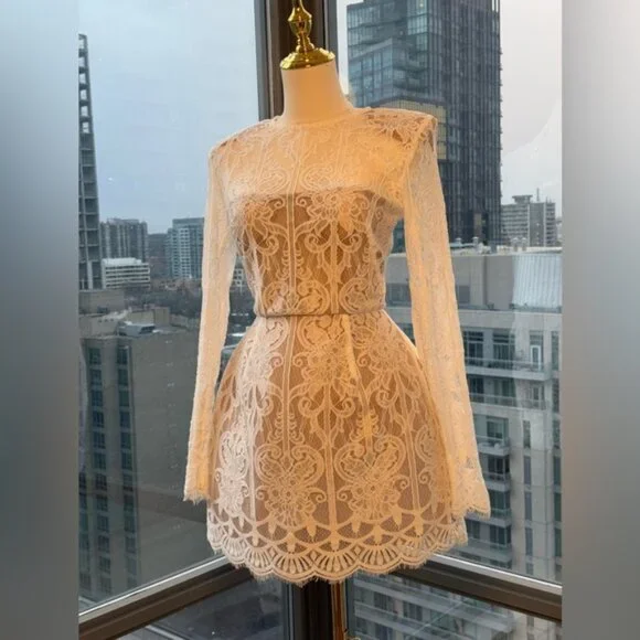 🆕 BRONX & BANCO 🧿 NWOT Casey White Lace Long Sleeve Mini Dress, Sz XS / US 2 - Picture 3 of 16